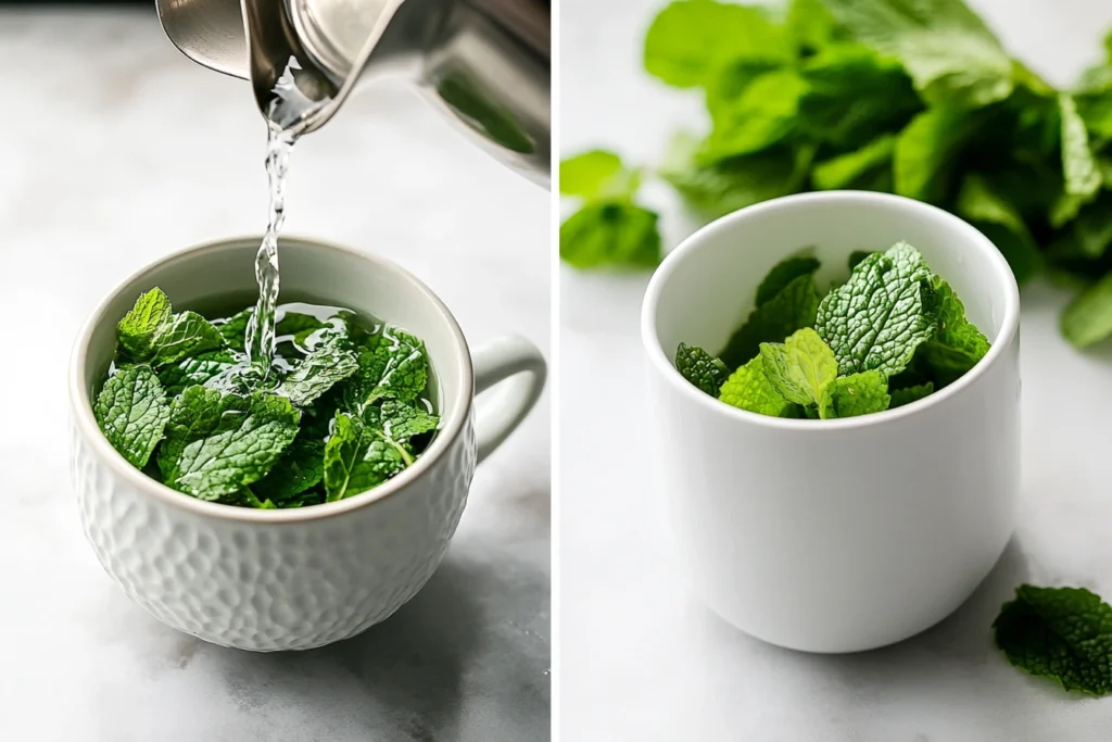 A white mug filled with fresh lemon balm leaves being infused with hot water from a kettle, alongside a second cup with fresh lemon balm leaves.