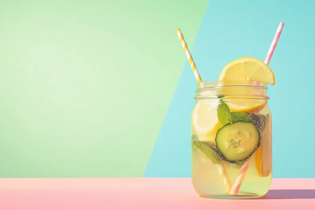 A mason jar filled with lemon balm detox water, cucumber slices, lemon rounds, and mint leaves, with colorful straws, set against a pastel background.