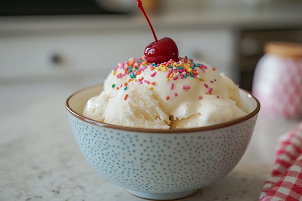 A bowl of homemade snow ice cream topped with colorful sprinkles and a cherry, placed on a kitchen countertop. ice cream out of snow