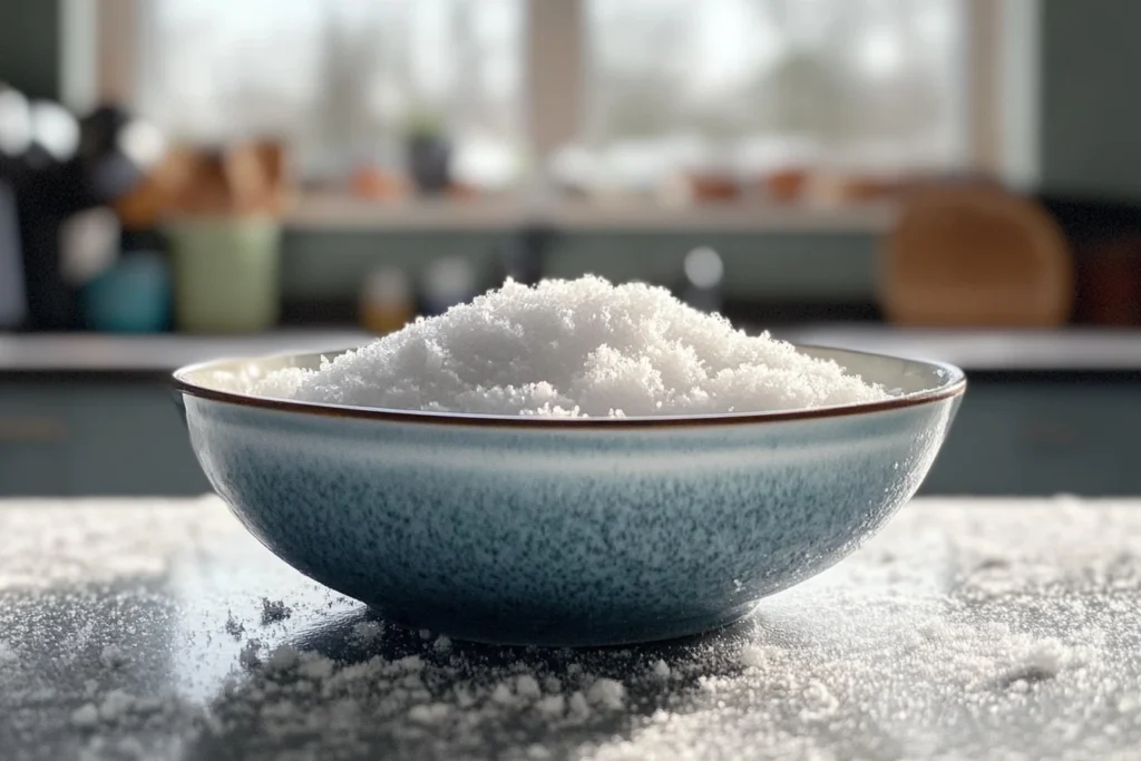 A bowl filled with freshly collected, clean snow sitting on a kitchen countertop, with a blurred kitchen background. ice cream out of snow