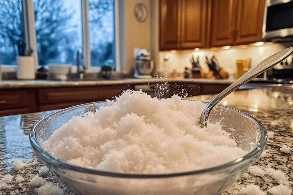 A glass bowl filled with freshly collected snow, placed on a granite kitchen counter with a spoon, and a cozy kitchen in the background. ice cream out of snow