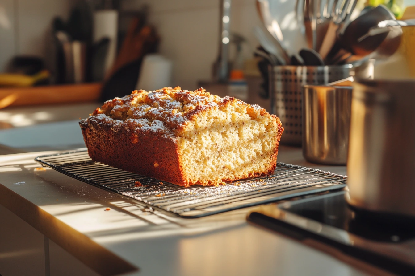 A freshly baked loaf of banana bread with a golden brown crust, cooling on a wire rack in a sunlit kitchen. Number one mistake when making banana bread