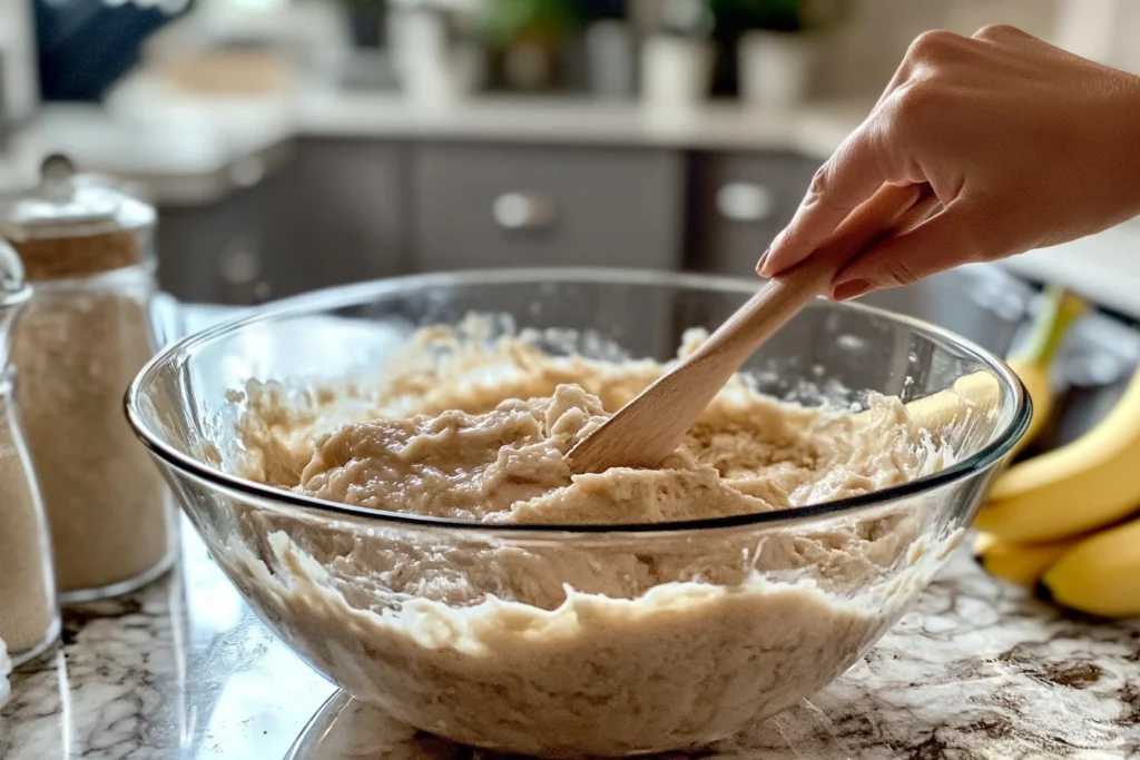 A hand gently folding banana bread batter in a glass mixing bowl using a wooden spatula, with ripe bananas and baking ingredients in the background.