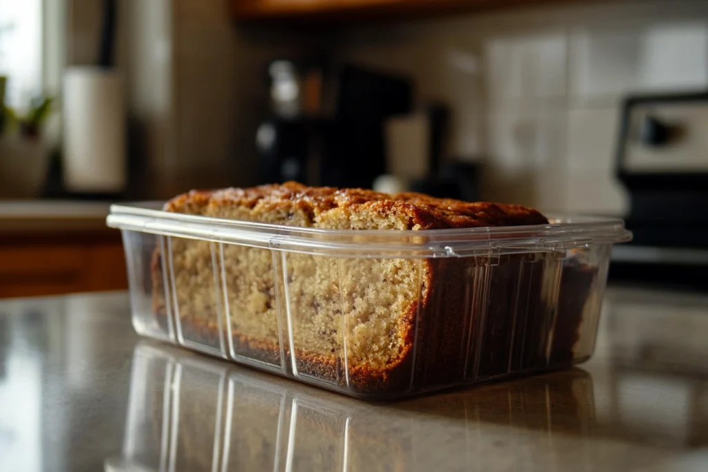 A freshly baked banana bread loaf stored in a clear airtight container on a kitchen countertop.