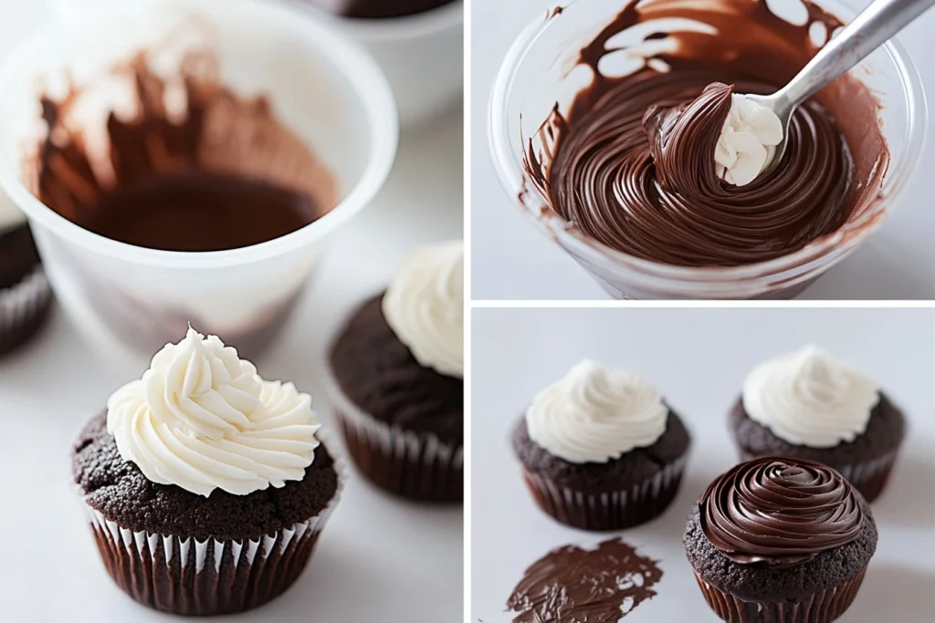 Chocolate cupcakes in the process of being decorated, with swirls of white frosting and smooth chocolate glaze, alongside bowls of melted chocolate.