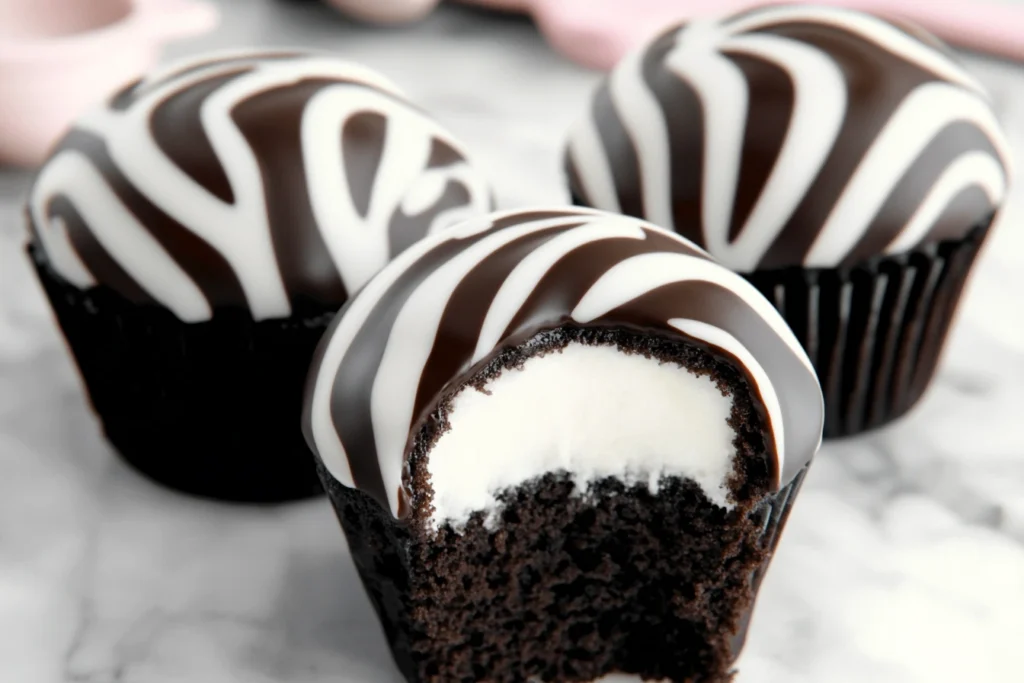 Chocolate cupcakes with black-and-white zebra-striped glaze, one cupcake bitten to reveal a creamy white filling inside, placed on a marble surface.