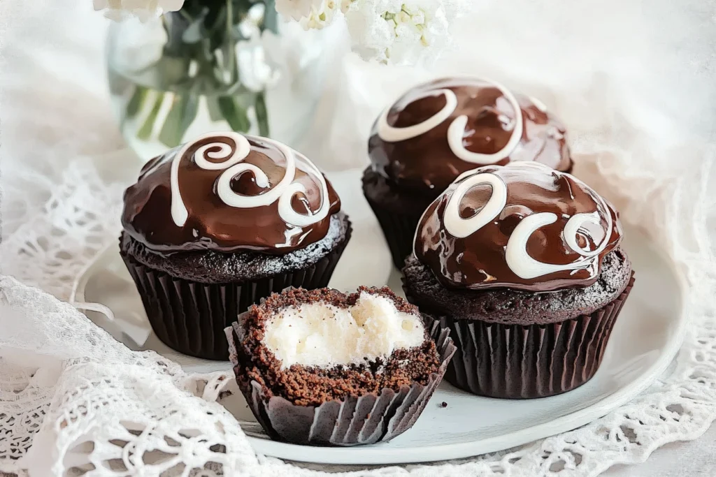 Chocolate Pinguino cupcakes with a glossy chocolate glaze, white icing swirls, and one cupcake revealing its creamy filling, served on a lace-covered plate.