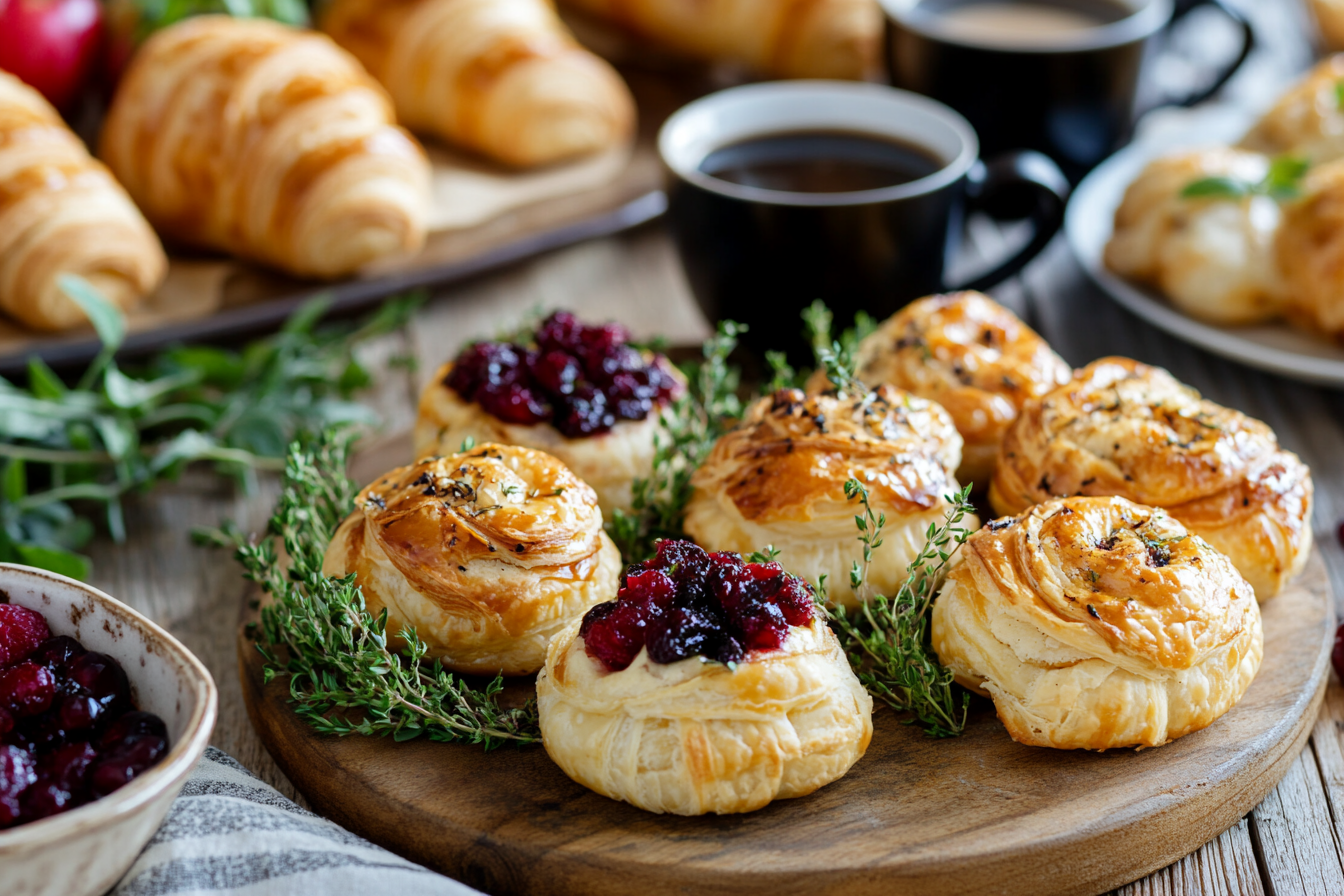 A rustic wooden platter topped with golden puff pastry pastries filled with berries and garnished with fresh thyme, surrounded by croissants, fresh herbs, and cups of coffee.