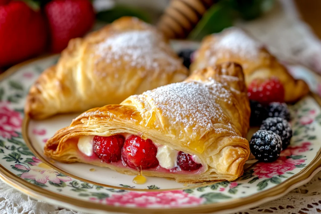 Flaky puff pastry turnovers filled with fresh berries and cream, dusted with powdered sugar, served on a floral-patterned plate with mixed berries.