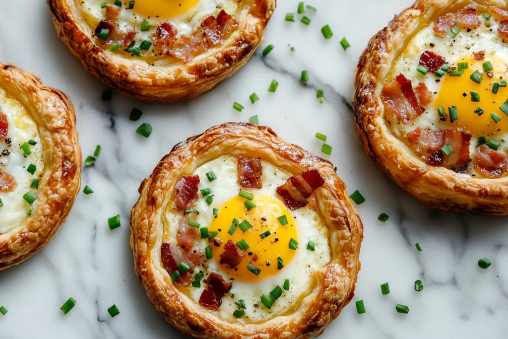 Round puff pastry breakfast tarts filled with sunny-side-up eggs, crispy bacon bits, and garnished with chopped chives on a marble surface.