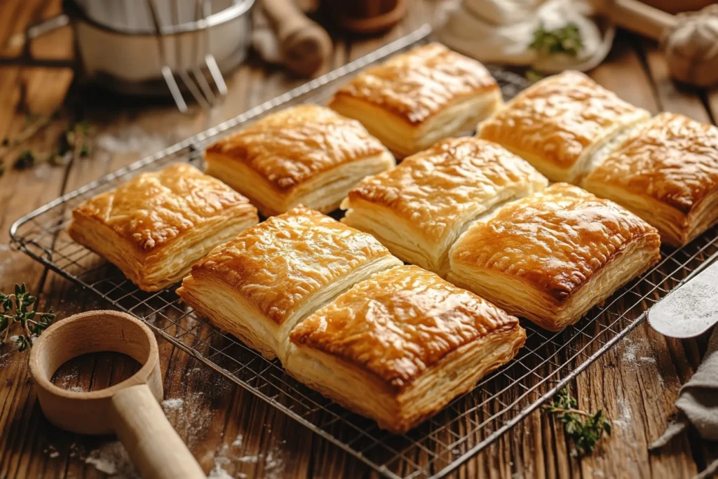 Golden brown puff pastry squares cooling on a wire rack with baking tools and flour scattered on a rustic wooden surface.