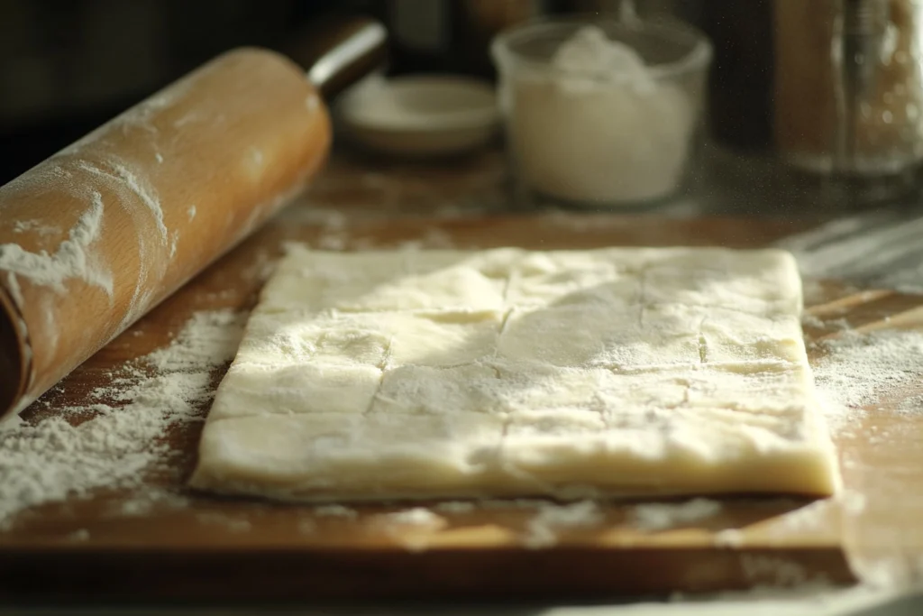 Puff pastry dough dusted with flour, resting on a wooden board with a flour-coated rolling pin in the background.