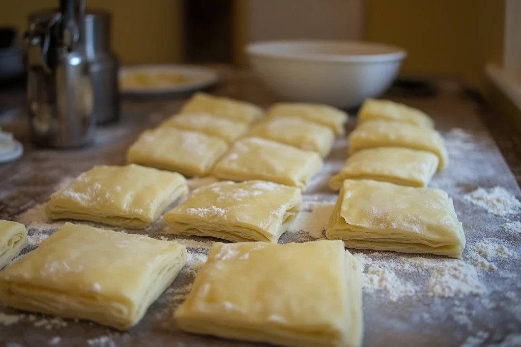 Stacks of unbaked puff pastry squares dusted with flour, resting on a floured countertop in a kitchen setting.