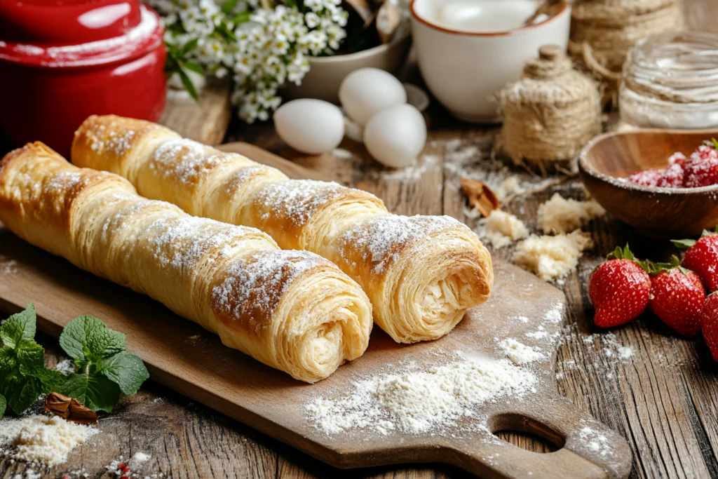 Two golden-brown puff pastry rolls dusted with powdered sugar, placed on a wooden serving board with strawberries and baking ingredients in the background.