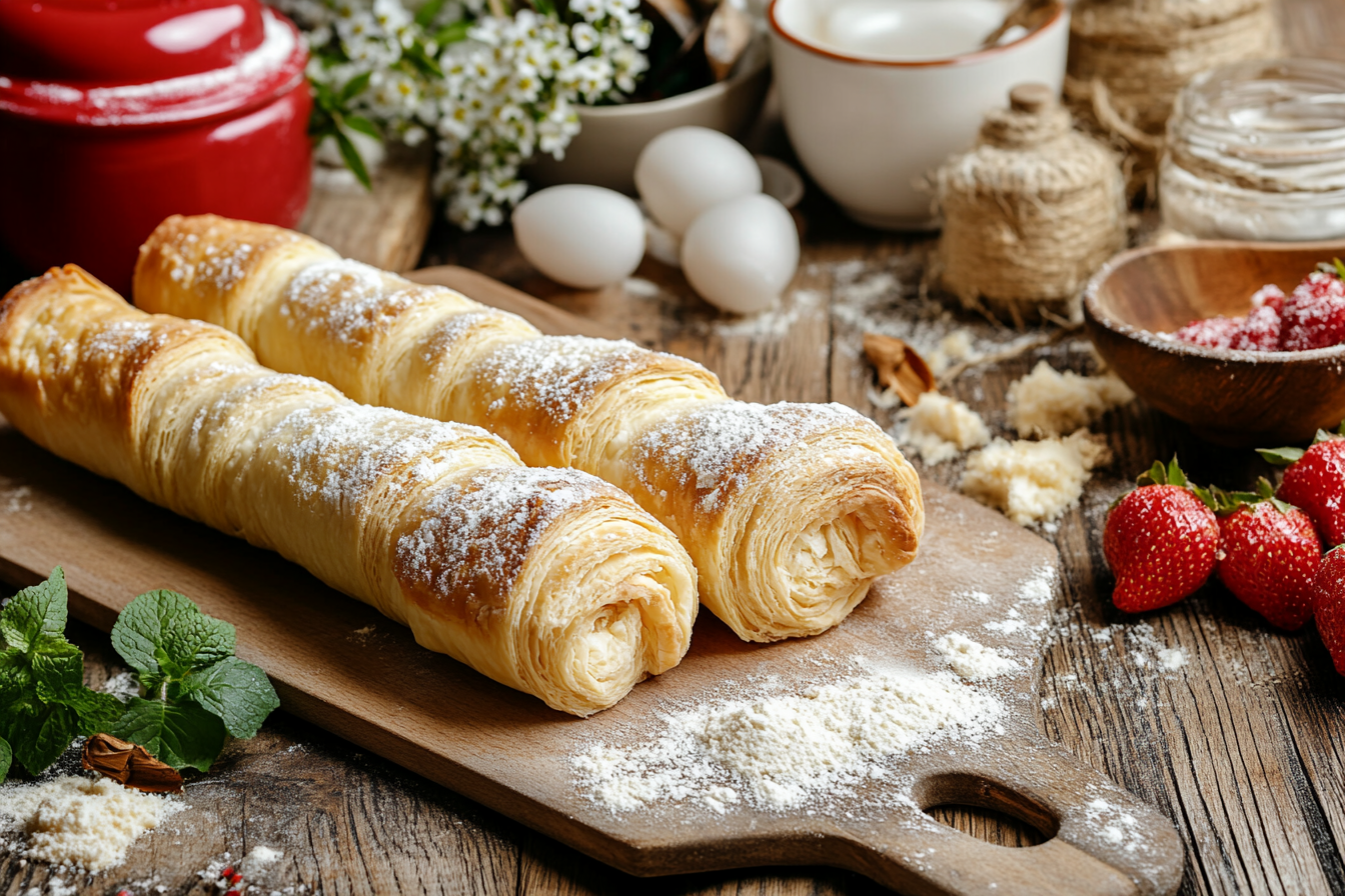 Two golden-brown puff pastry rolls dusted with powdered sugar, placed on a wooden serving board with strawberries and baking ingredients in the background.