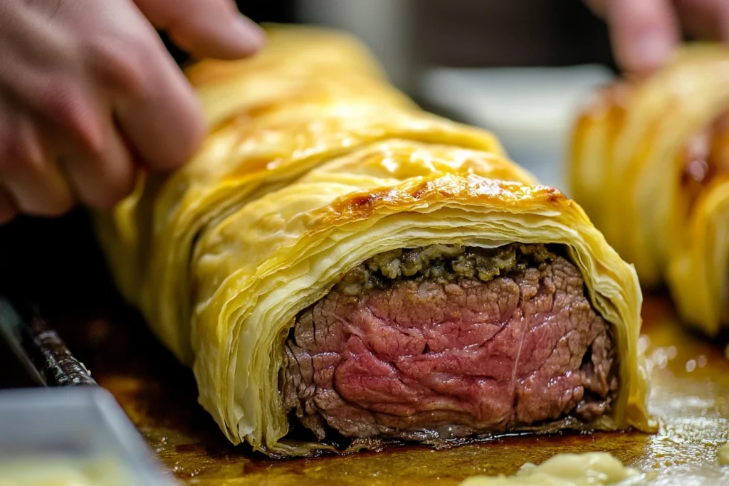 A freshly baked Beef Wellington being sliced, showcasing a perfectly seared beef fillet with a tender pink center, surrounded by golden puff pastry and savory mushroom duxelles.