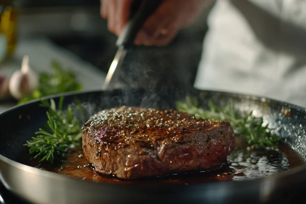 A perfectly seared beef fillet in a hot skillet, seasoned with cracked pepper and herbs, with steam rising as it cooks alongside sprigs of rosemary.