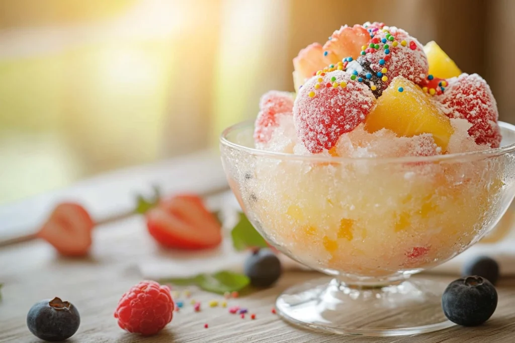 A refreshing bowl of snow ice topped with colorful strawberries, raspberries, blueberries, pineapple chunks, and sprinkles, placed on a wooden table with blurred fruits in the background.