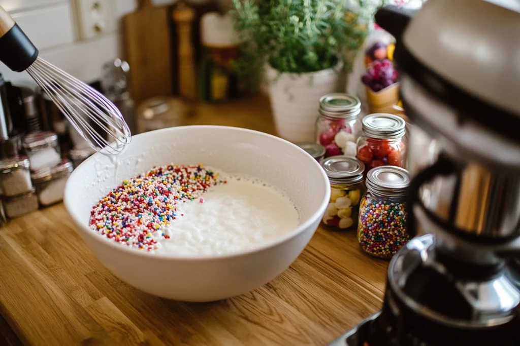 A white mixing bowl filled with a creamy dessert mixture and colorful sprinkles on a wooden countertop, surrounded by jars of toppings in a cozy kitchen setting.