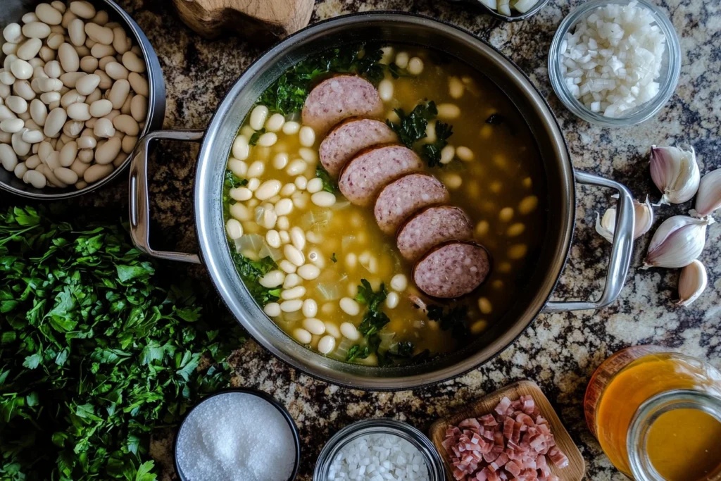 A pot of Swamp Soup with sliced smoked sausage, white beans, and greens, surrounded by fresh parsley, garlic, chopped onions, salt, and broth on a granite countertop.