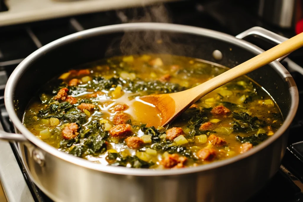 A steaming pot of Swamp Soup with chopped greens, sausage, and broth, being stirred with a wooden spoon on a stovetop.