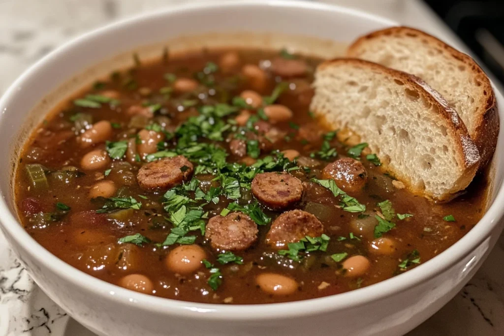 A bowl of Swamp Soup with sliced sausage, beans, and fresh herbs, served with two slices of crusty bread on a white marble countertop.