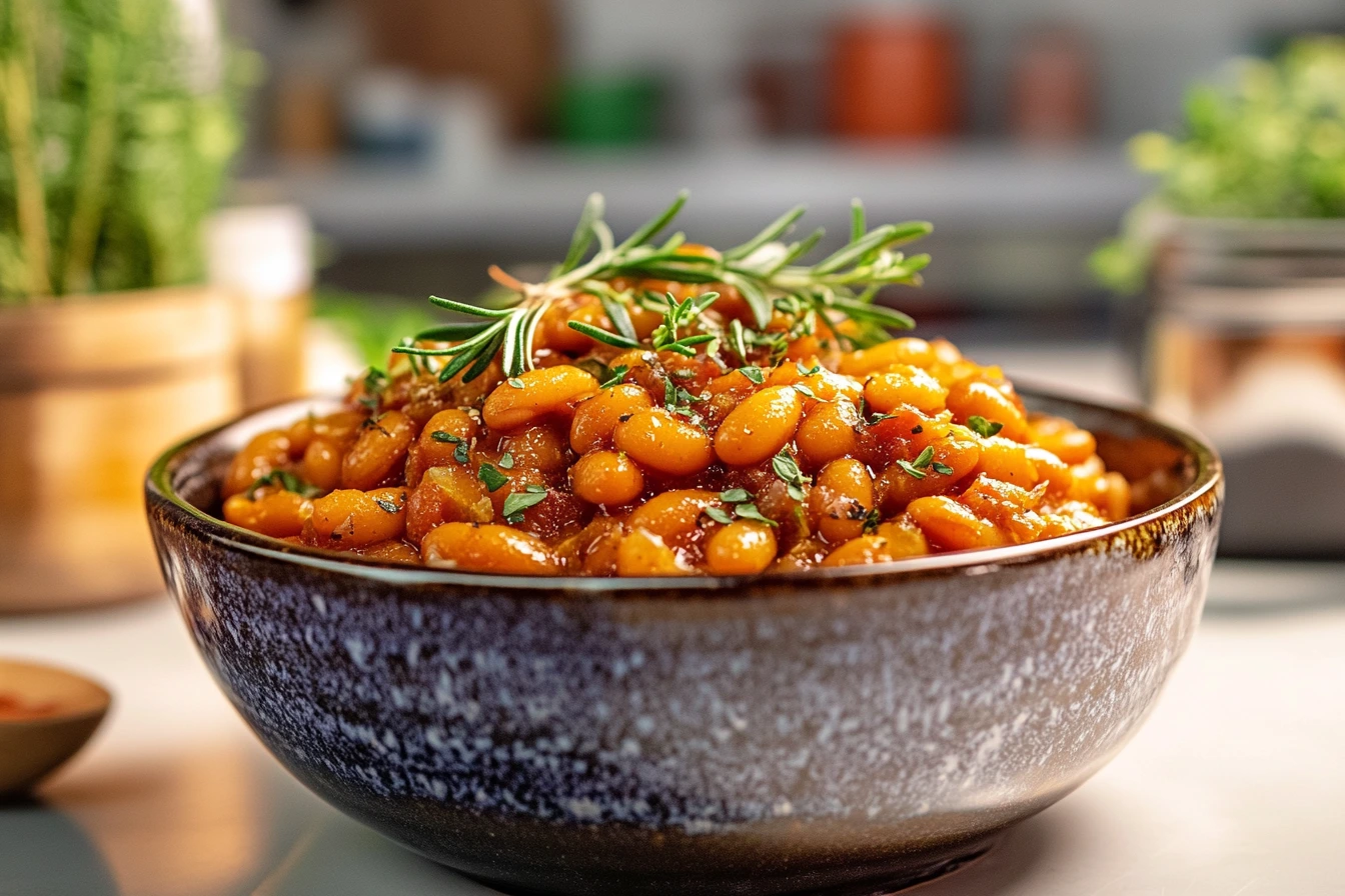 A bowl of baked beans garnished with fresh rosemary and herbs, placed on a kitchen counter with blurred background elements.