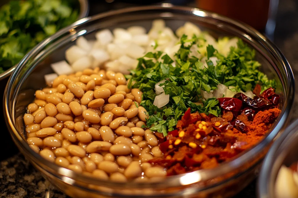 A glass bowl containing baked beans, chopped onions, fresh parsley, dried chili flakes, and smoked paprika, ready for preparation.