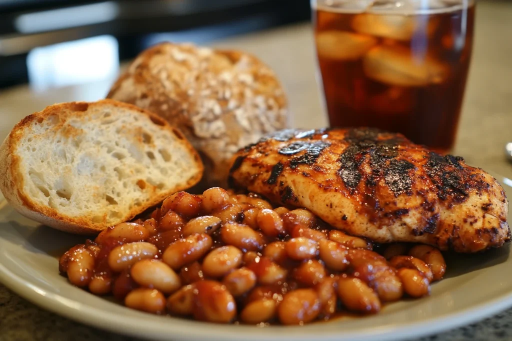 A plate of baked beans served with grilled chicken, fresh bread, and a glass of iced tea in the background.