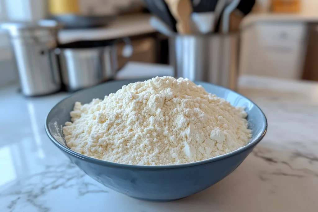 A blue bowl filled with all-purpose flour on a white marble kitchen countertop with blurred utensils and pots in the background.