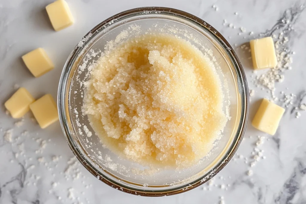 A glass bowl filled with a sugar and butter mixture on a marble countertop, surrounded by small cubes of butter and scattered sugar granules.