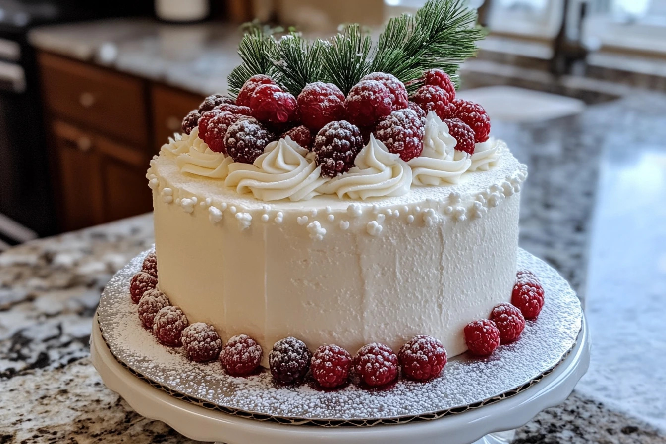 A beautifully frosted white cake topped with fresh raspberries, blackberries, and pine sprigs, dusted with powdered sugar, displayed on a cake stand. main ingredients in cake