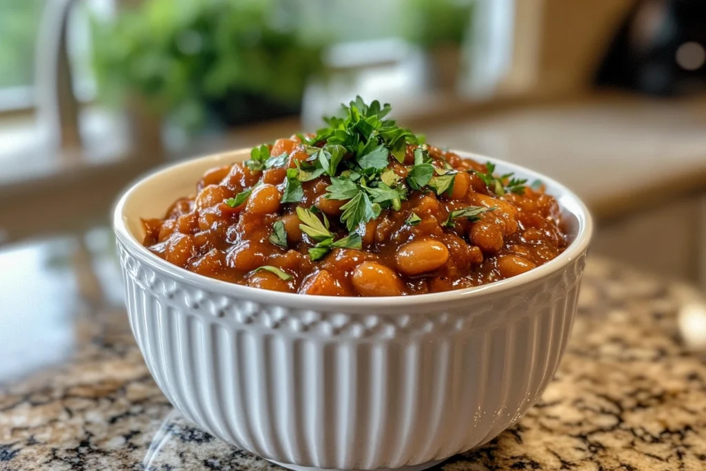 A bowl of delicious baked beans garnished with fresh parsley, placed on a granite countertop in a cozy kitchen setting. ingredients for baked beans