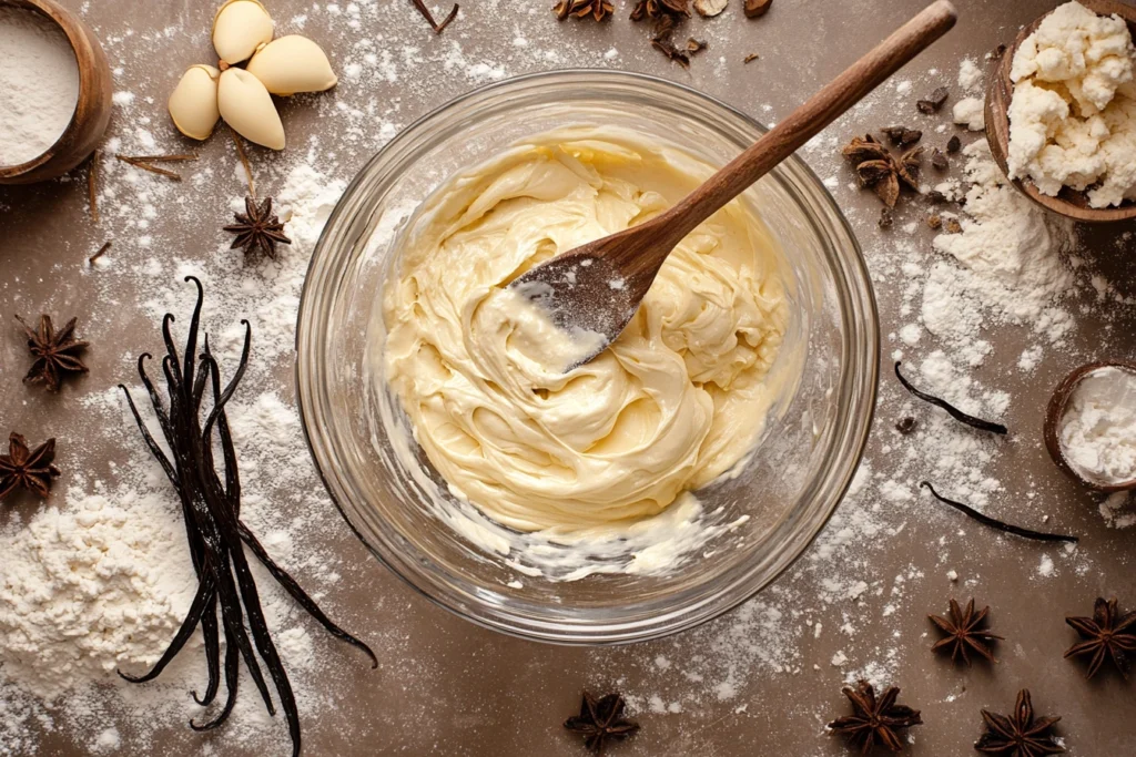 A glass bowl of creamy cake batter with a wooden spoon, surrounded by flour, vanilla beans, star anise, and baking ingredients on a brown surface.