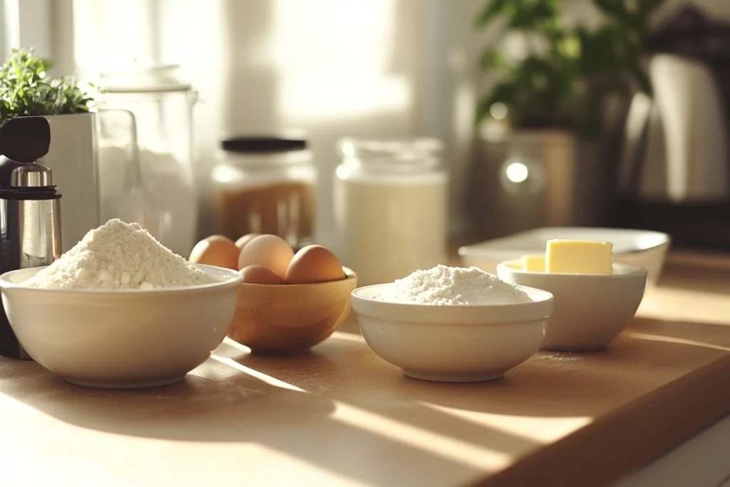 Baking ingredients, including bowls of flour, eggs, and butter, on a wooden kitchen counter with natural sunlight streaming through a window.