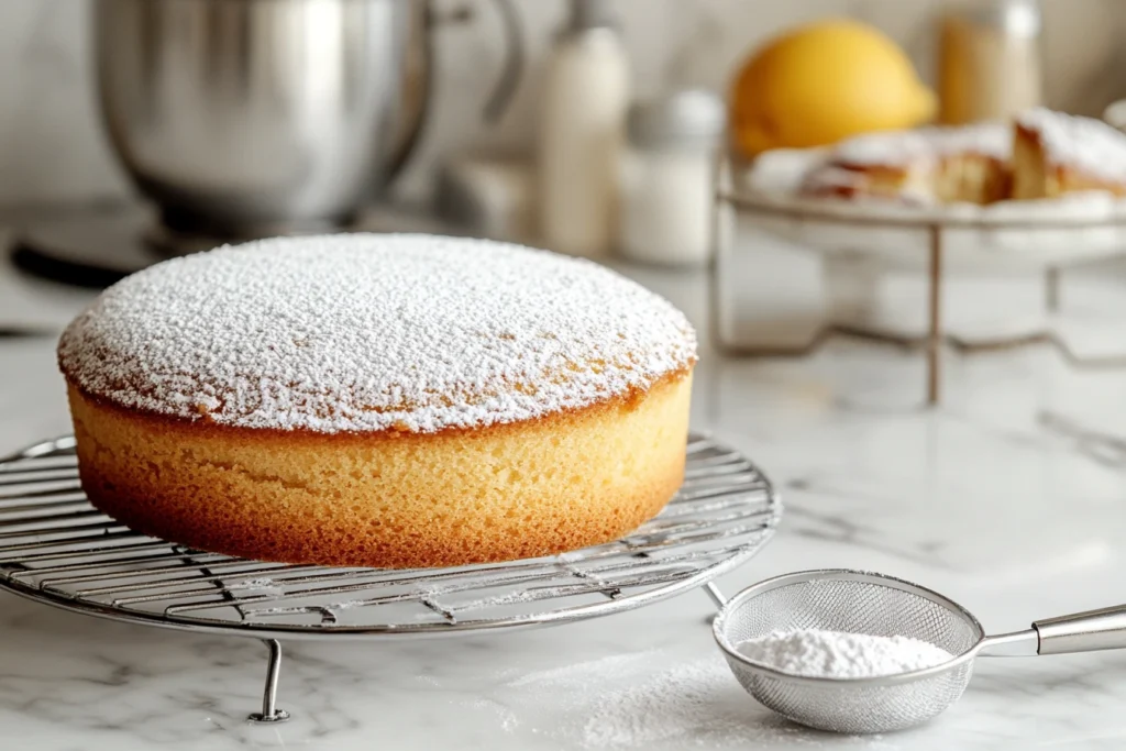 Freshly baked sponge cake dusted with powdered sugar, resting on a cooling rack, with a sifter and kitchen tools in the background.