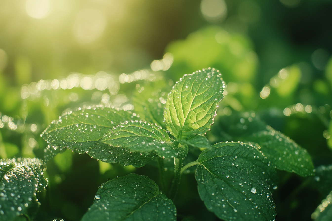 Close-up of fresh lemon balm leaves glistening with morning dew under soft sunlight.