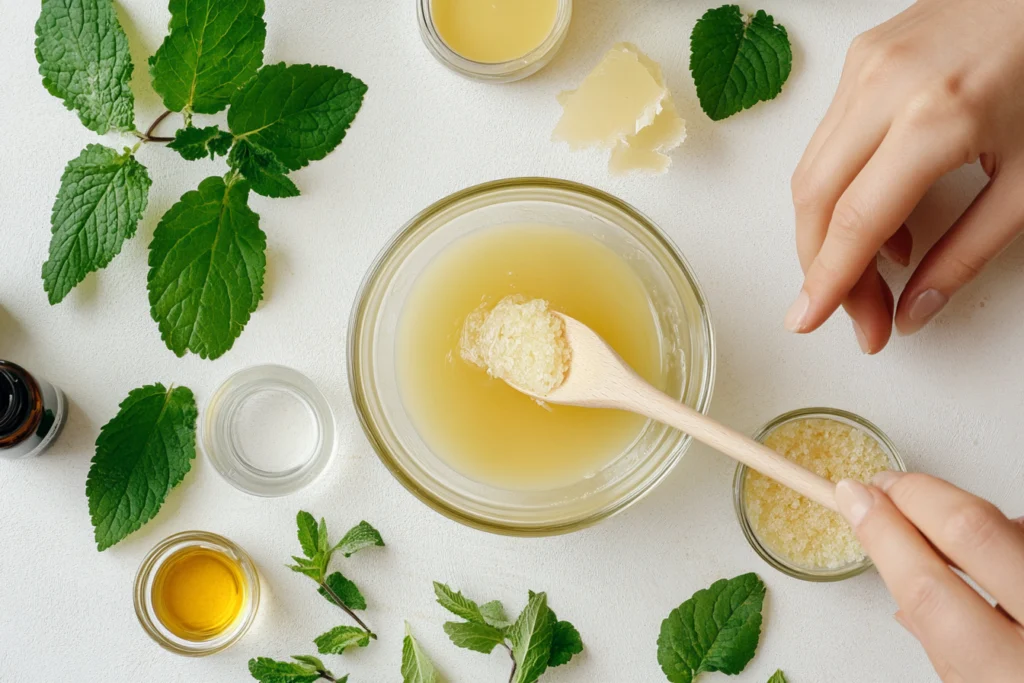 A bowl of lemon balm-infused mixture with natural ingredients, wooden spoon, and fresh lemon balm leaves on a white background.