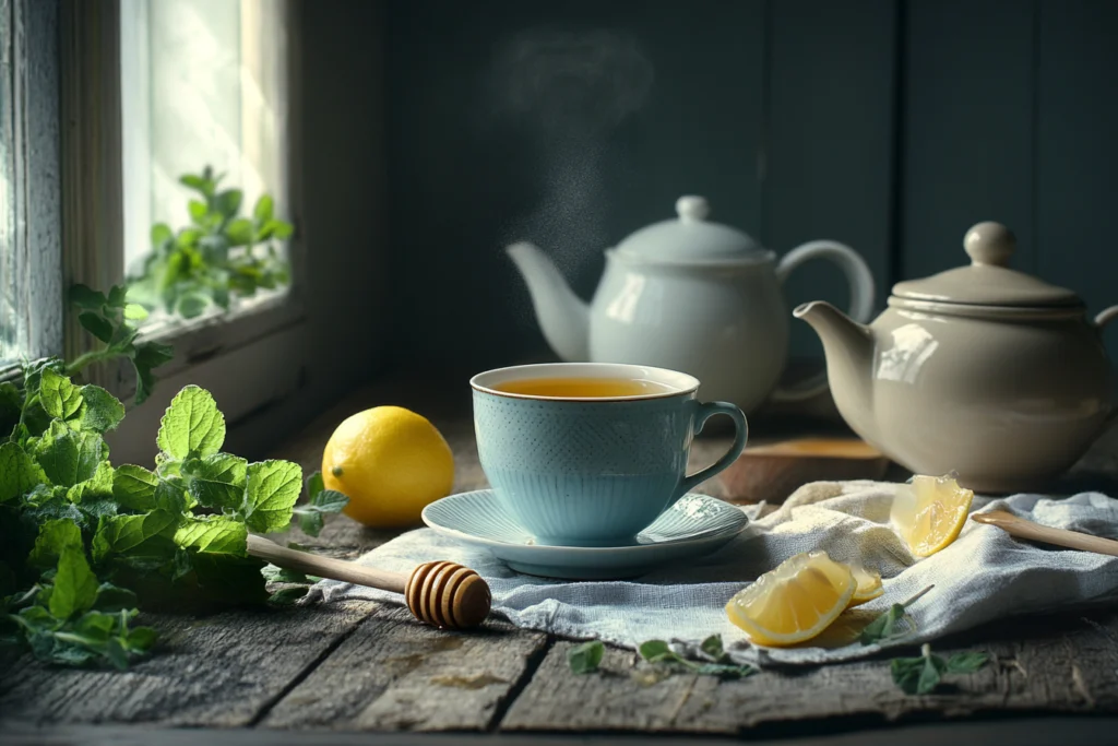 A cozy scene with a steaming cup of lemon balm tea, fresh herbs, lemon slices, honey dipper, and teapots near a window.