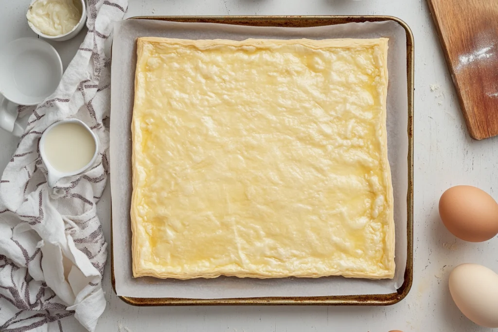 Unbaked puff pastry sheet brushed with egg wash on a parchment-lined baking tray surrounded by eggs, a wooden board, and milk in a jug. What happens if you don't egg wash puff pastry