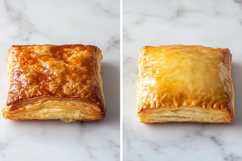 Side-by-side comparison of two baked puff pastries: one with a deep golden-brown crust and the other with a paler, glossy finish.