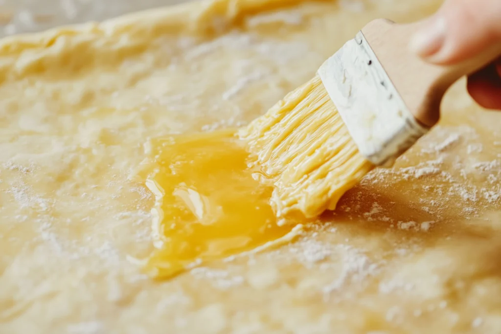 Close-up of a pastry brush applying a golden egg wash to a sheet of unbaked puff pastry.