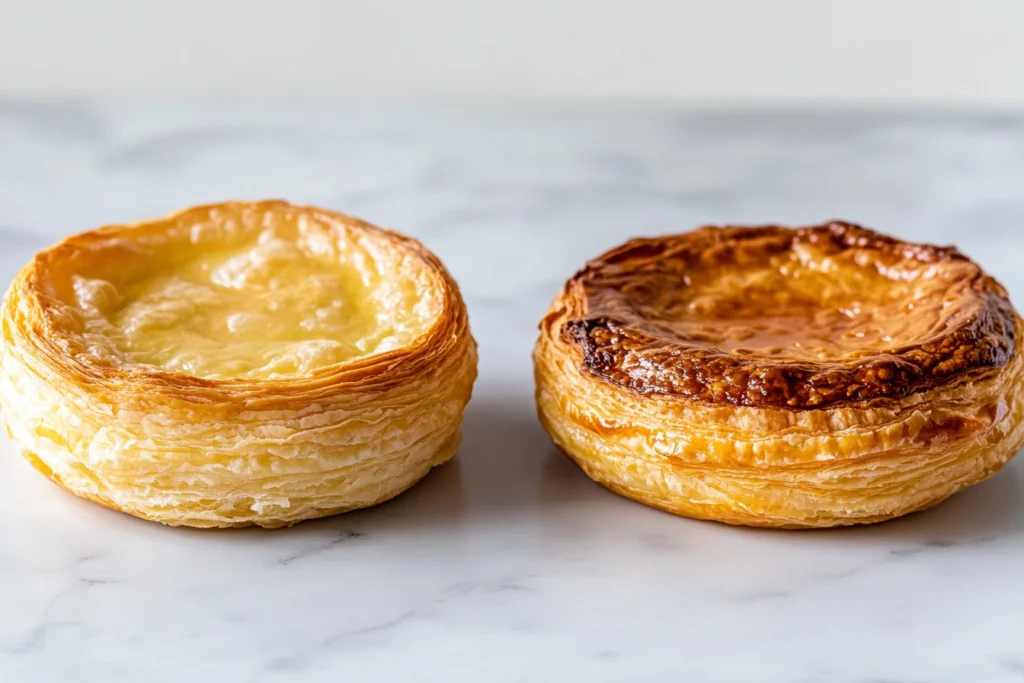 Two puff pastry tarts side by side, one pale and slightly underbaked, the other dark and overbrowned.