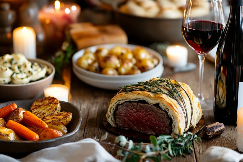 Beef Wellington garnished with rosemary, served alongside mashed potatoes, roasted vegetables, and golden baby potatoes, set on a rustic wooden table with candles and wine.