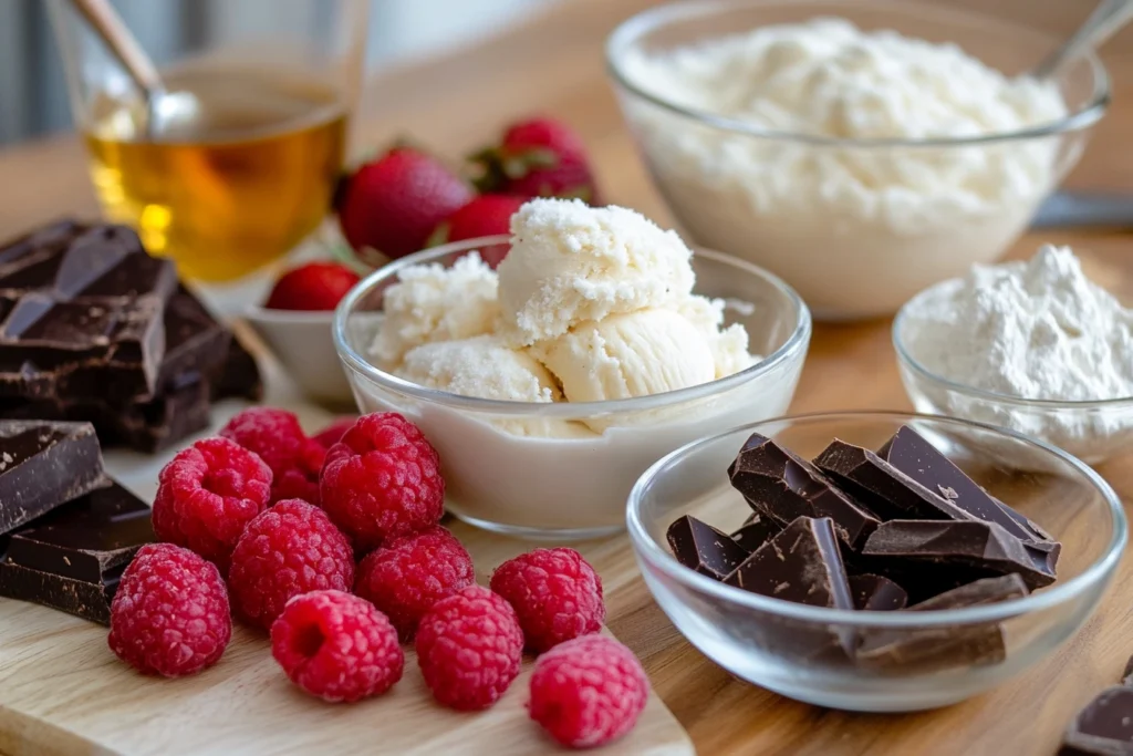 A close-up of snow freeze ice cream surrounded by fresh raspberries, chocolate pieces, strawberries, and bowls of cream and honey on a wooden surface.