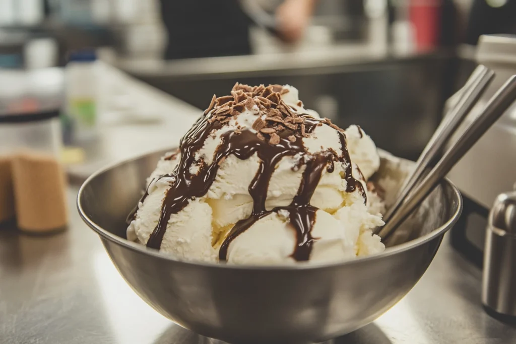 A stainless steel bowl filled with scoops of snow freeze ice cream, topped with rich chocolate sauce and chocolate shavings in a modern kitchen setting.