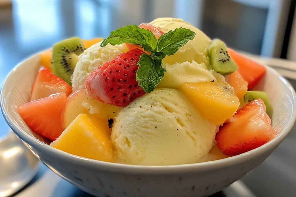 A white bowl filled with creamy snow freeze ice cream scoops, garnished with fresh kiwi, mango, strawberries, and a sprig of mint on top.