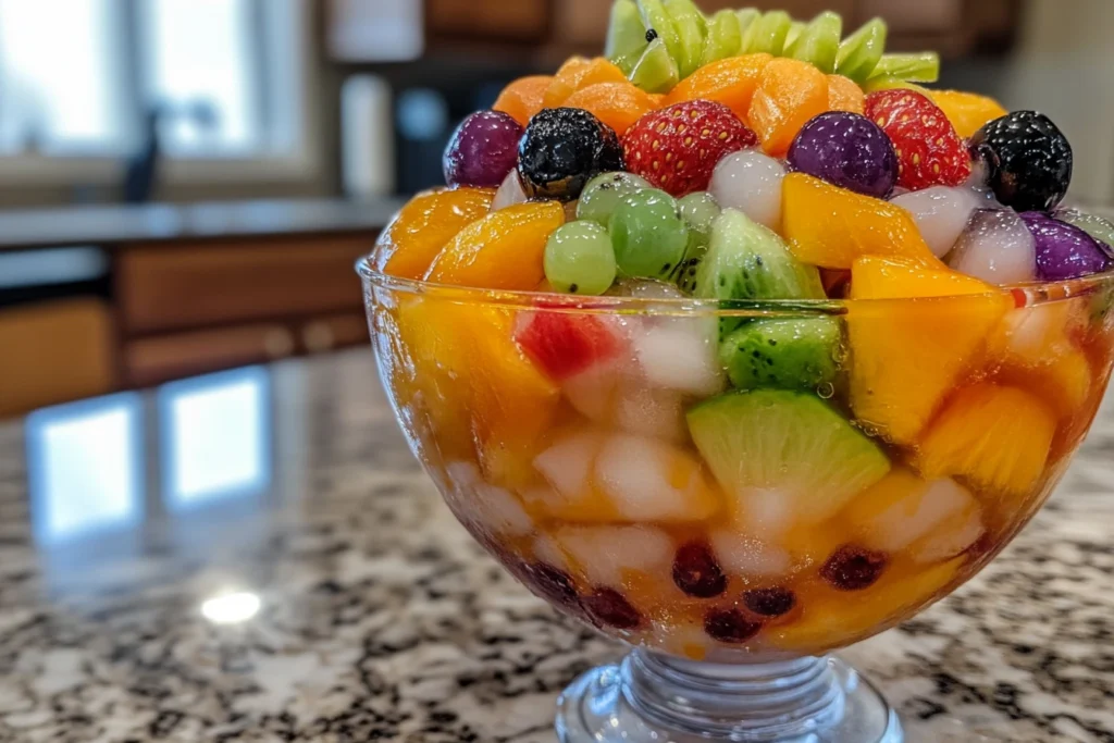 A colorful bowl of snow ice topped with fresh fruits, including strawberries, kiwi, grapes, mango, and berries, sitting on a granite kitchen counter.What is snow ice made of