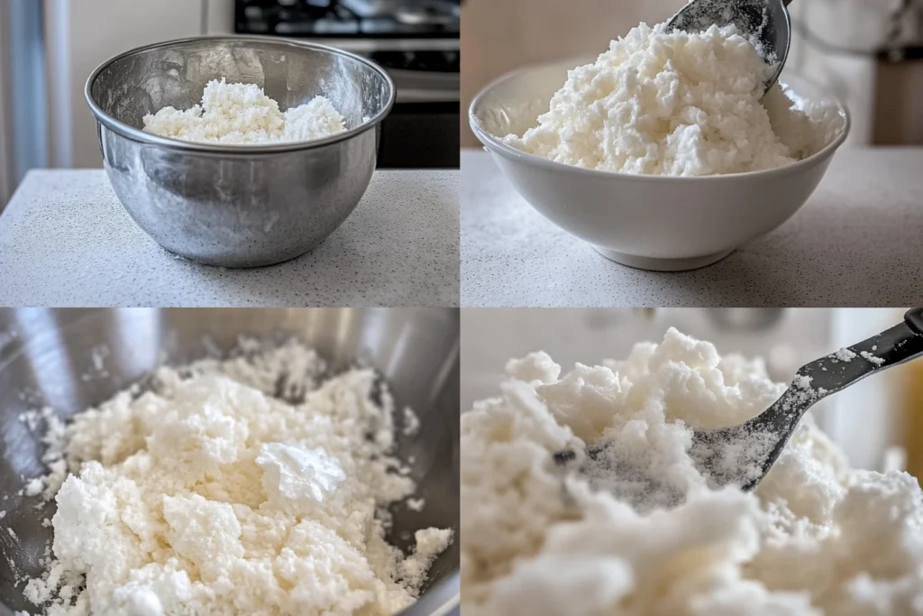 A step-by-step process of preparing fluffy snow ice, showing scooped and shaved ice in bowls and close-up details of the delicate texture. What is snow ice made of