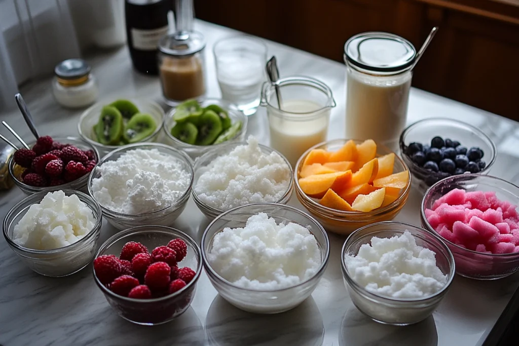 An assortment of snow ice bases, fresh fruits, and toppings displayed in glass bowls, including raspberries, kiwi, blueberries, and peach slices. What is snow ice made of